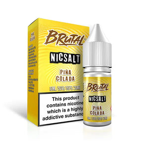 Just Juice Brutal Nic Salt Pina Colada e-liquid bottle and box, yellow packaging.