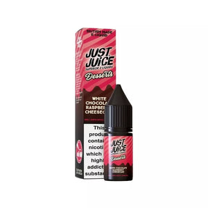Just Juice Desserts 10ml Nic Salt white chocolate raspberry cheesecake Flavour. Available in 5mg, 10mg and 20mg strength and great for Refillable Pod Kits
