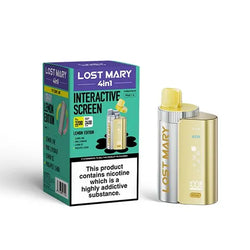 Lost Mary 4-in-1 disposable pod vape kits in red and green packaging with interactive screens.