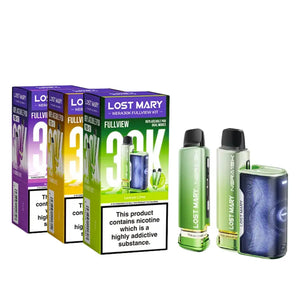 The image shows the Lost Mary NERA 30K Vape Kit, including the device itself, two pods, and packaging with branding and flavor information.