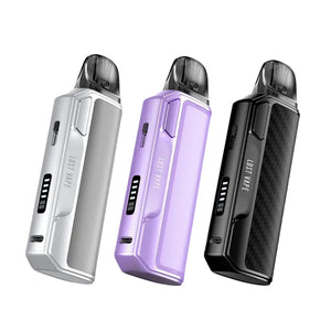 Lost Vape Thelema Elite S Pod Vape Kit in 3 different colours Twill Silver - Light Lavender - Carbon Black. Showing type c charging port and small display screen