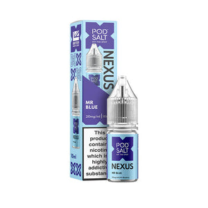 Pod Salt Nexus MR Blue Nic Salt e-liquid bottle and packaging on a white background