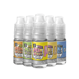 Five bottles of Mr Wicks Nic Salt e-liquid in various flavours, displayed in a row.