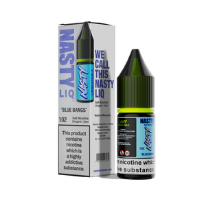 Nasty Juice Blue Bangs 10ml salt nicotine bottle and packaging with bold branding.