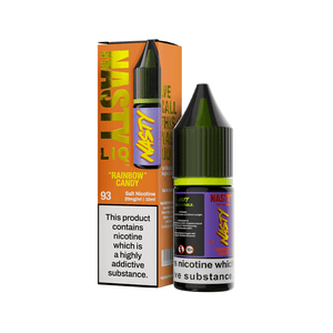 Nasty Juice Rainbow Candy 10ml salt nicotine bottle and box, with warning label visible.