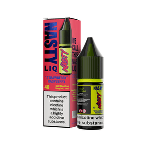 Nasty Juice Strawberry Raspberry 10ml Salt bottle and box with bold branding and nicotine warning.