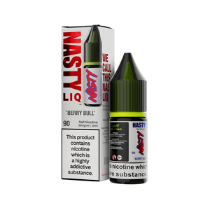 Nasty Juice Berry Bull 10ml salt nicotine e-liquid bottle and box with branding visible.