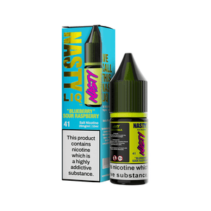 Nasty Juice Blueberry Sour Raspberry 10ml salt nicotine e-liquid bottle and box.