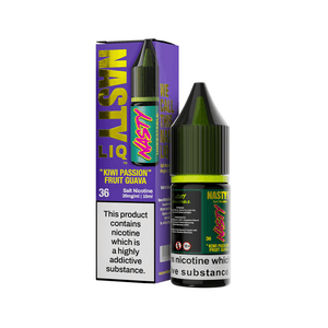 Nasty Juice Kiwi Passion Fruit Guava 10ml e-liquid bottle and box with nicotine warning label.