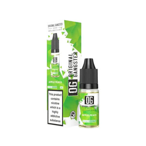 A bottle of "OG Original Gangster" 10ml Nic Salt in the flavour Apple Peach. This e-liquid is designed for refillable vape devices