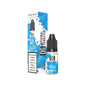 A bottle of "OG Original Gangster" 10ml Nic Salt in the flavour Blue Razz Lemonade. This e-liquid is designed for refillable vape devices