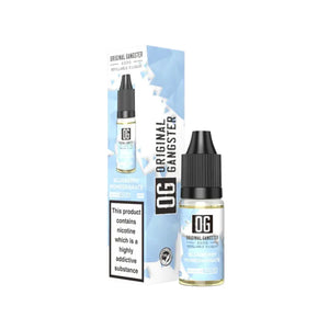 A bottle of "OG Original Gangster" 10ml Nic Salt in the flavour Blueberry Pomegrante. This e-liquid is designed for refillable vape devices