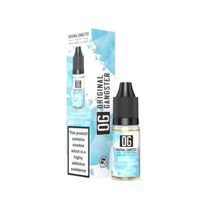 A bottle of "OG Original Gangster" 10ml Nic Salt in the flavour Blueberry Sour Raspberry. This e-liquid is designed for refillable vape devices