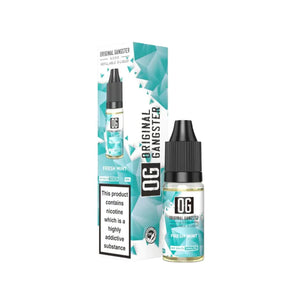 A bottle of "OG Original Gangster" 10ml Nic Salt in the flavour Fresh Mint. This e-liquid is designed for refillable vape devices