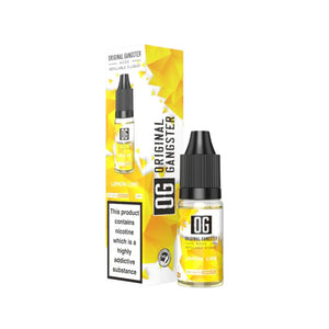 A bottle of "OG Original Gangster" 10ml Nic Salt in the flavour Lemon Lime. This e-liquid is designed for refillable vape devices