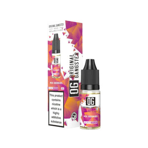 A bottle of "OG Original Gangster" 10ml Nic Salt in the flavour Mixed Berries. This e-liquid is designed for refillable vape devices
