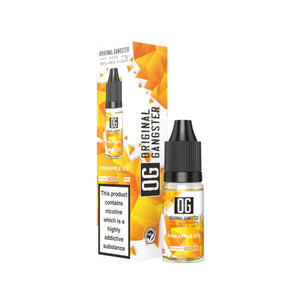 A bottle of "OG Original Gangster" 10ml Nic Salt in the flavour Pineapple Ice. This e-liquid is designed for refillable vape devices