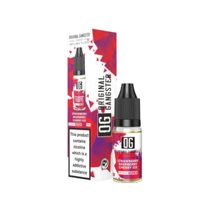 A bottle of "OG Original Gangster" 10ml Nic Salt in the flavour Strawberry Raspberry Cherry Ice. This e-liquid is designed for refillable vape devices