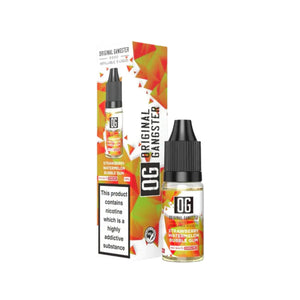 A bottle of "OG Original Gangster" 10ml Nic Salt in the flavour Strawberry Watermelon Bubble Gum. This e-liquid is designed for refillable vape devices