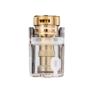 Transparent Ohm Vape AIO pod with a gold top and clear body on a green background.