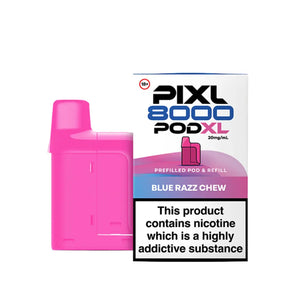 "PIXL 8000 refill pods displaying PODXL branding with 8000 puff longevity for extended use - Blue Razz Chew Flavour
