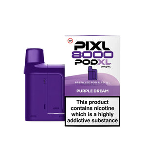 PIXL 8000 pods displaying 8000 puff capacity with refillable system and nicotine labeling - Purple Dream Flavour