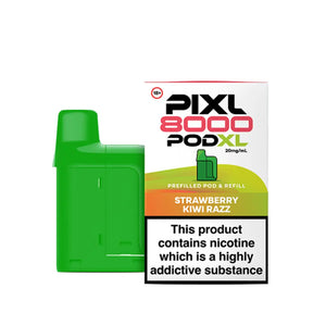 PIXL 8000 refill pods with PODXL branding delivering 8000 puffs through innovative pod technology - Strawberry Kiwi Razz Flavour