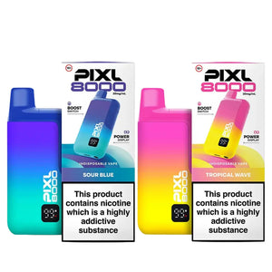 PIXL 8000 Vape Kit in tropical wave and sour blue flavour side by side