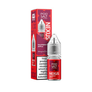 Pod Salt Nexus Raspberry Apple Nic Salt e-liquid bottle and packaging on a white background