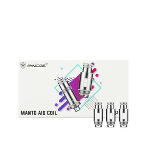 Three silver Rincoe Manto AIO 0.15 ohm and 0.30 ohm replacement coils in a white background.