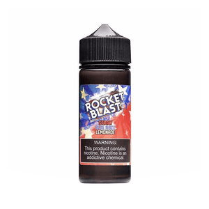 Bottle of Rocket Blast e-liquid by Grimm Green x Ohm Boy, 100ml shortfill, with a colourful label.