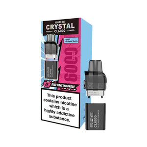 SKE Crystal CL6000 refill pack in Blue Razz Lemonade flavour showing Crystal CL6000 Refill with TPD compliant 1x10ml e-liquid bottle and replacement pod for 6000 puff capacity
