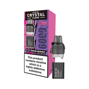 SKE Crystal CL6000 refill pack in Blueberry Raspberries flavour showing Crystal CL6000 Refill with TPD compliant 1x10ml e-liquid bottle and replacement pod for 6000 puff capacity