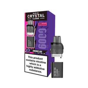 SKE Crystal CL6000 refill pack in Cherry Ice flavour showing Crystal CL6000 Refill with TPD compliant 1x10ml e-liquid bottle and replacement pod for 6000 puff capacity