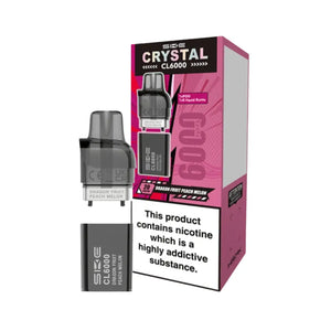 SKE Crystal CL6000 refill pack in Dragon Fruit Peach Melon flavour showing Crystal CL6000 Refill with TPD compliant 1x10ml e-liquid bottle and replacement pod for 6000 puff capacity