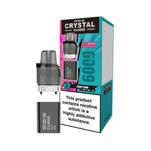 SKE Crystal CL6000 refill pack in Fruit Gum flavour showing Crystal CL6000 Refill with TPD compliant 1x10ml e-liquid bottle and replacement pod for 6000 puff capacity