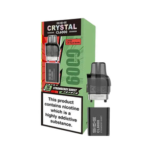 SKE Crystal CL6000 refill pack in Strawberry Burst flavour showing Crystal CL6000 Refill with TPD compliant 1x10ml e-liquid bottle and replacement pod for 6000 puff capacity