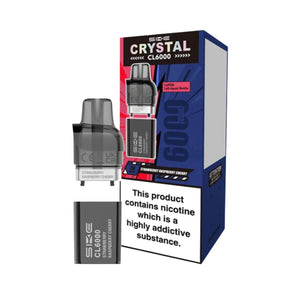 SKE Crystal CL6000 refill pack in Strawberry Raspberry Cherry flavour showing Crystal CL6000 Refill with TPD compliant 1x10ml e-liquid bottle and replacement pod for 6000 puff capacity
