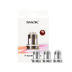 Three silver SMOK TF tank bf mesh replacement coil heads 0.25 ohm on a plain background.