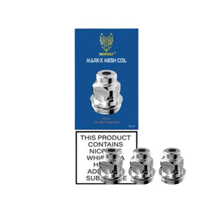 Three shiny Snowwolf Kfeng Mark-X coils 0.3 ohm with engraved text, designed for vaping kits.