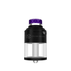 Steam Crave Aromamizer Plus V4 RDTA in black with purple drip tip, shown in different tank sizes.