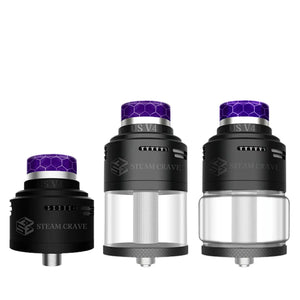 Steam Crave Aromamizer Plus V4 RDTA in black with purple drip tip, shown in different tank sizes.