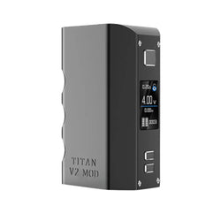 Steam Crave Titan V2 Box Mod in three colours: black, gunmetal, and silver. Each mod features a digital display screen showing vaping settings, with a sleek, ergonomic design.