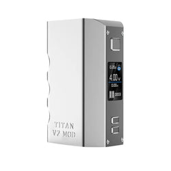 Steam Crave Titan V2 Box Mod in three colours: black, gunmetal, and silver. Each mod features a digital display screen showing vaping settings, with a sleek, ergonomic design.