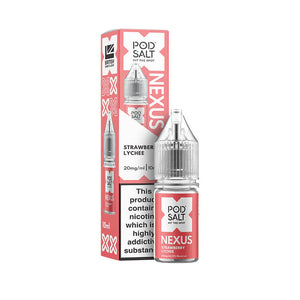 Pod Salt Nexus Strawberry Lychee Nic Salt e-liquid bottle and packaging on a white background