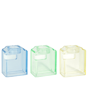 Three transparent vape replacement tanks in blue, green, and yellow.