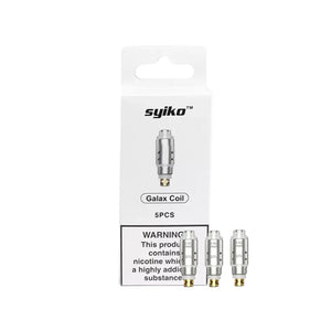 Three Syiko Galax replacement box and coils; one 0.6Ω mesh DTL on a grey background.