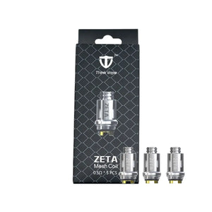 Three silver Think Vape Zeta replacement 0.5 ohm with coils and box, gold contacts, aligned horizontally on a white background.