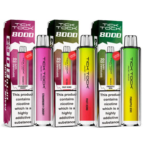 Tick Tock 8000 Magic Vape Kit in Strawberry Cherry, Fruit Bomb, and Pineapple Kiwi Flavour