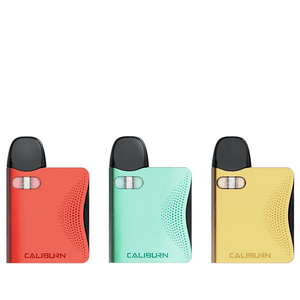 Three Uwell Caliburn AK3 pod kits in red, green, and gold, displayed side by side.